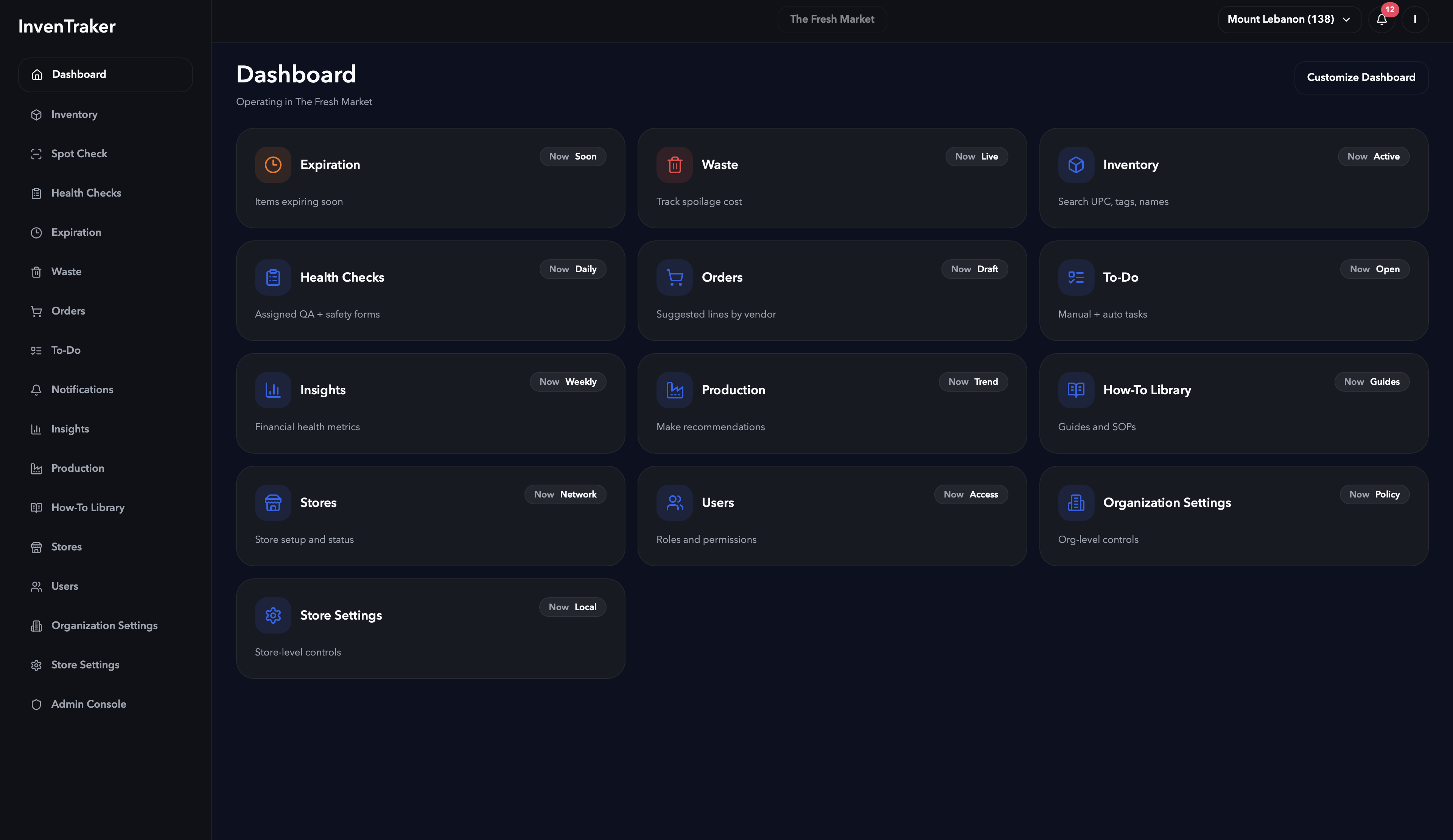 InvenTraker dashboard overview with module cards