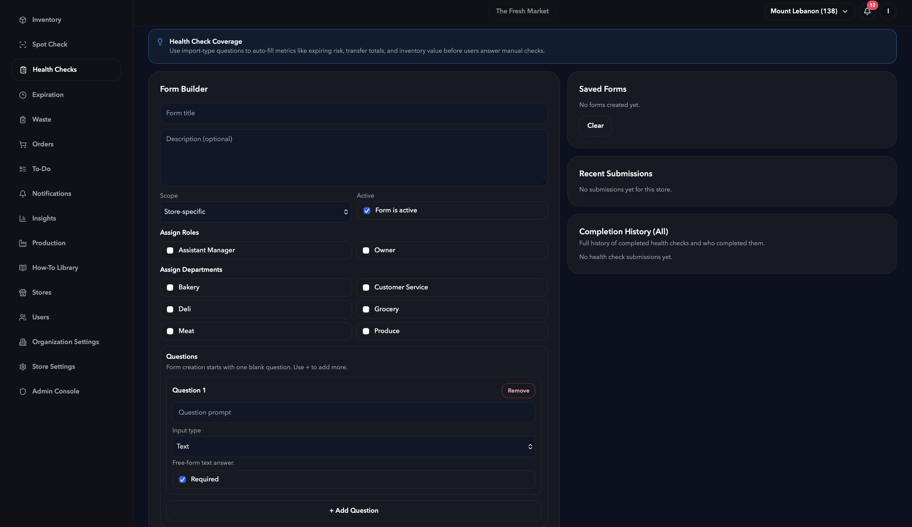 Health checks form builder screen