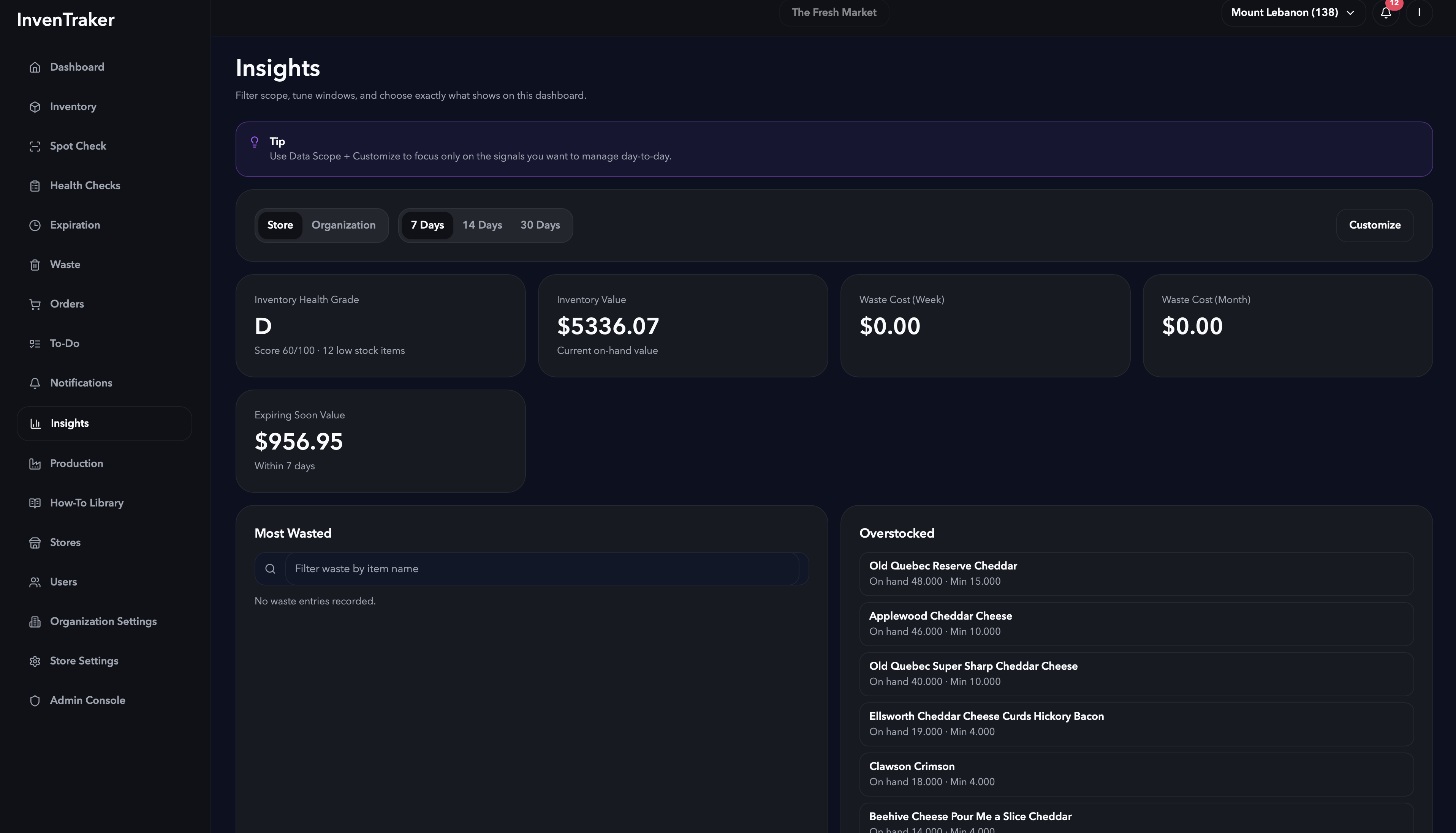 Insights screen with inventory and waste metrics