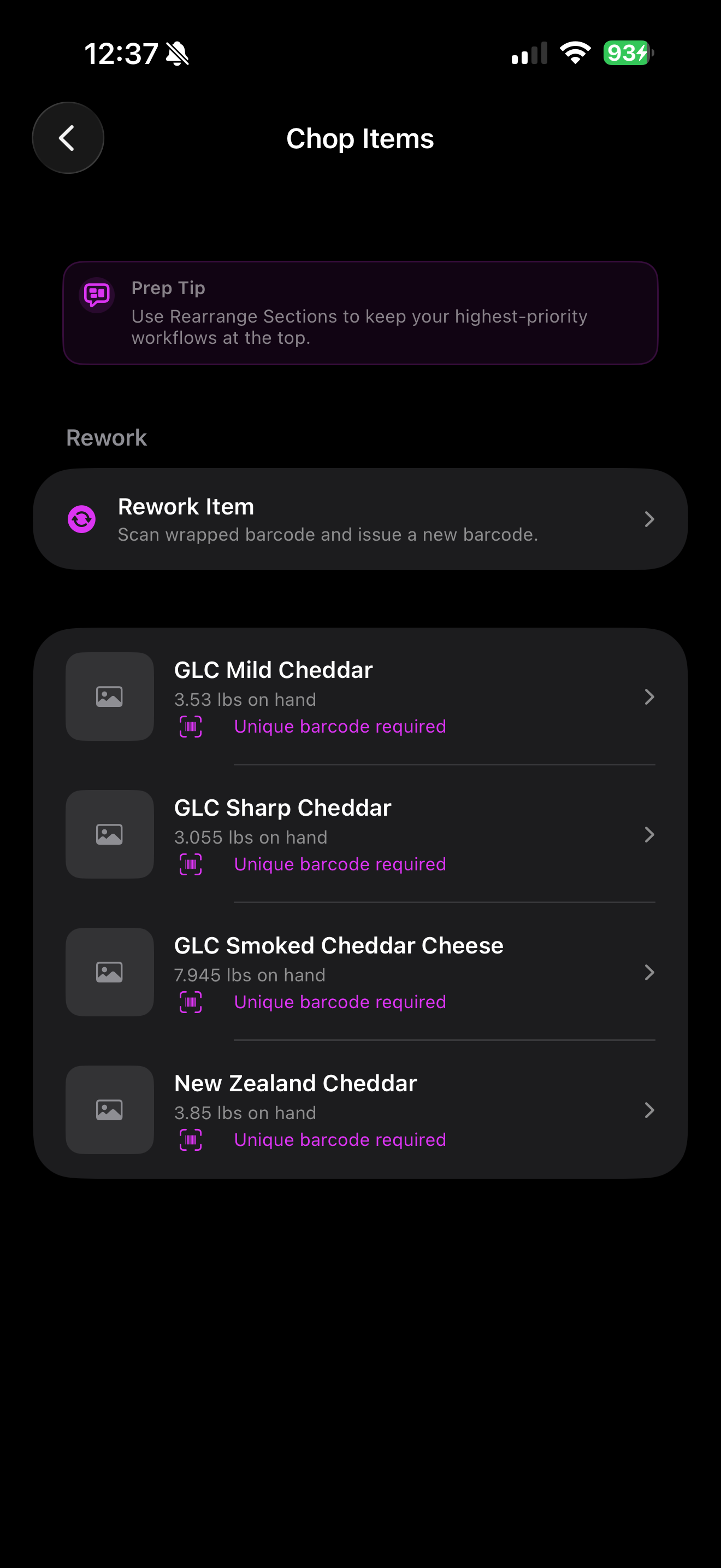 InvenTraker mobile chop items screen