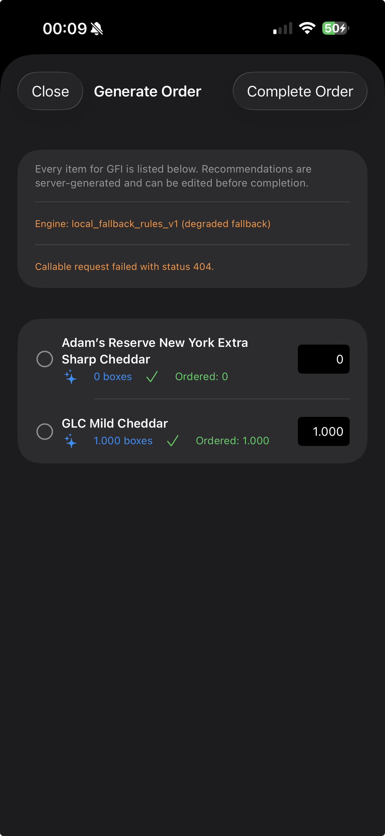 InvenTraker mobile generate order screen