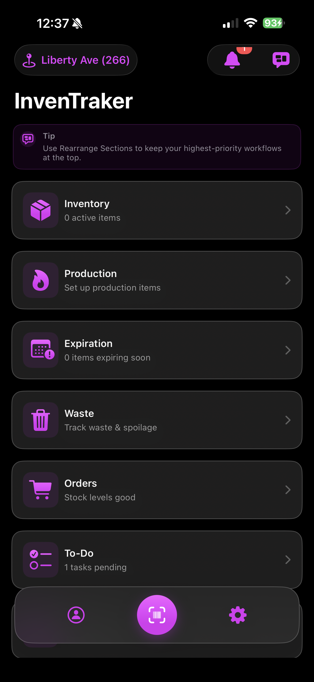 InvenTraker mobile home dashboard
