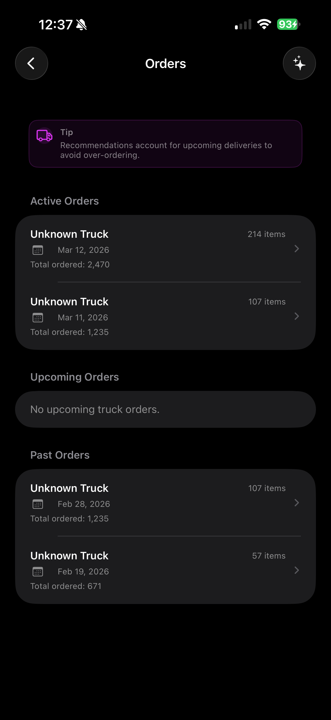 InvenTraker mobile orders screen