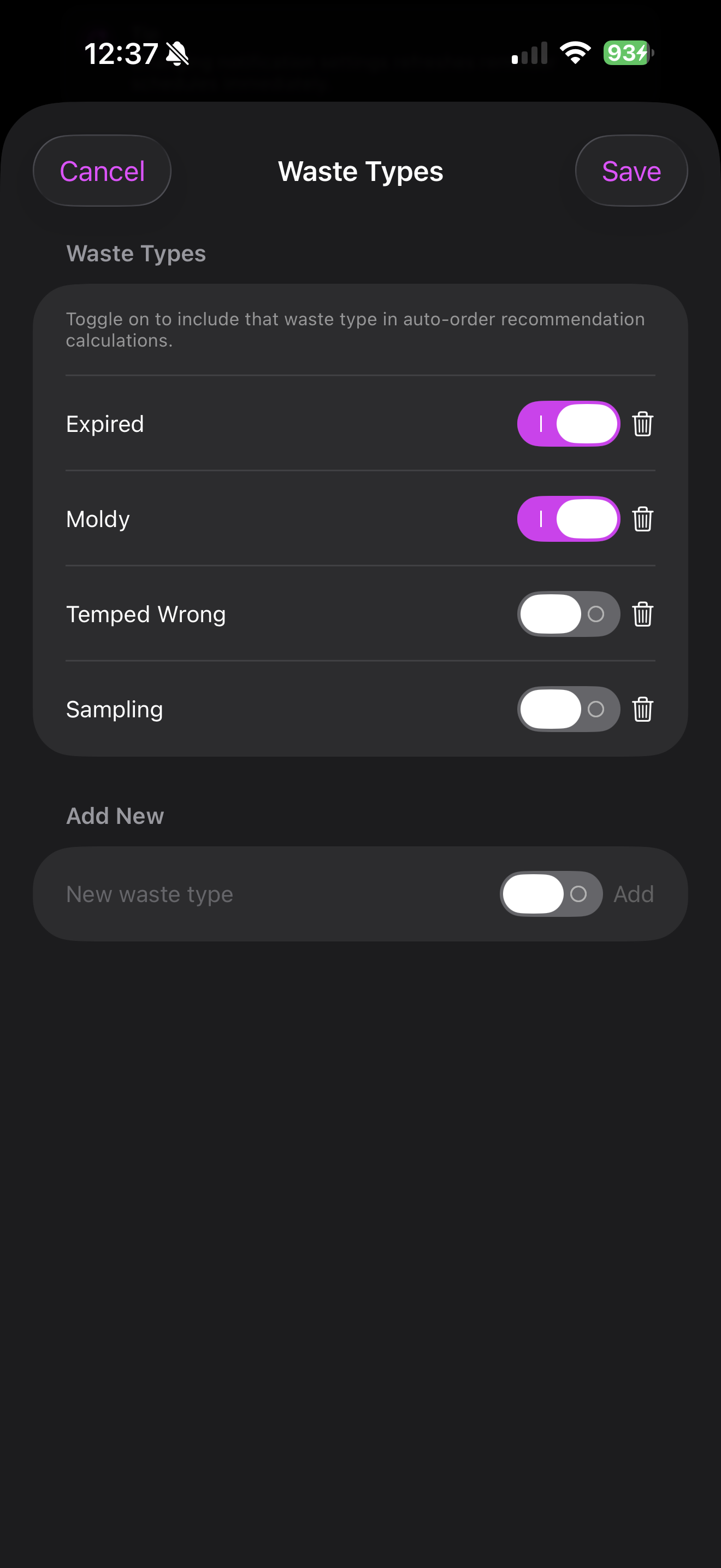 InvenTraker mobile waste types settings