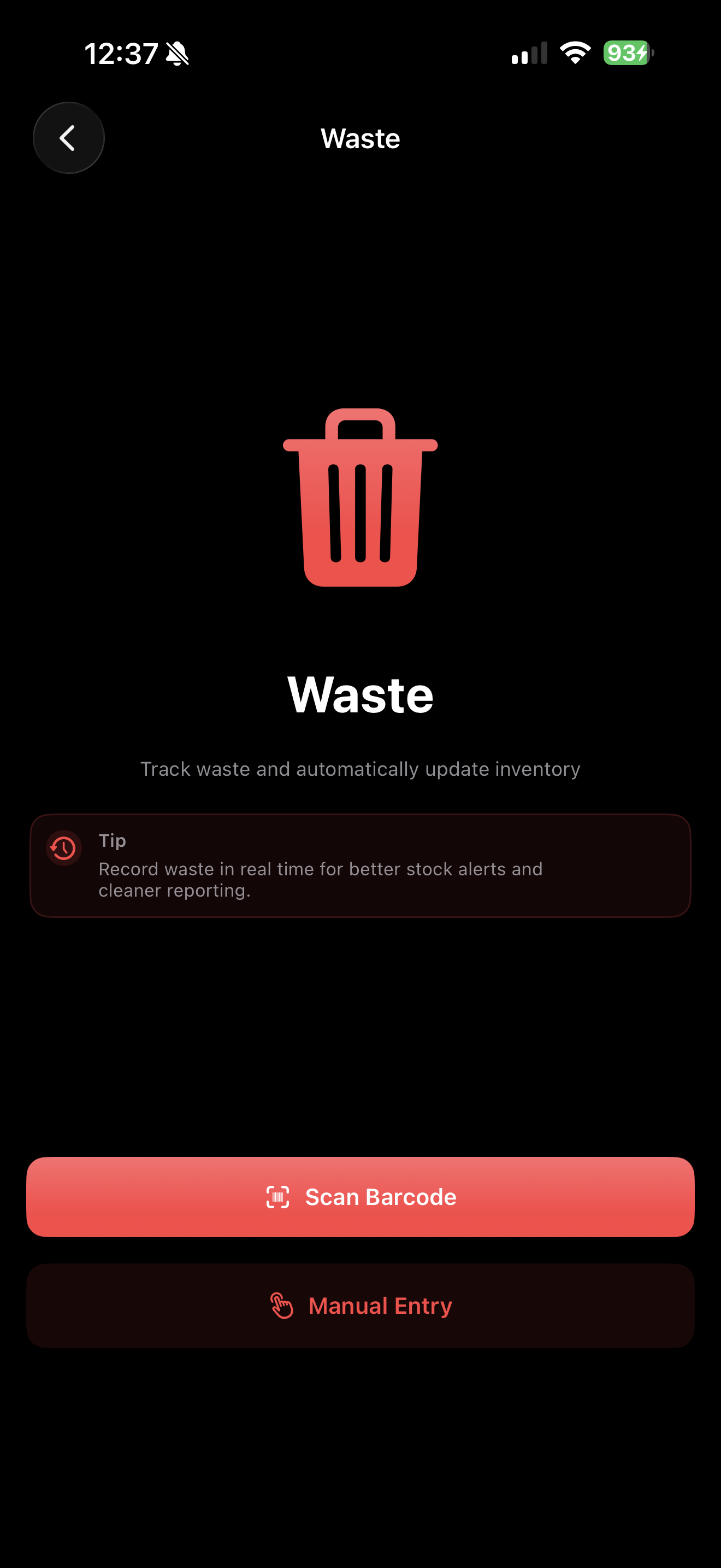 InvenTraker mobile waste scan screen
