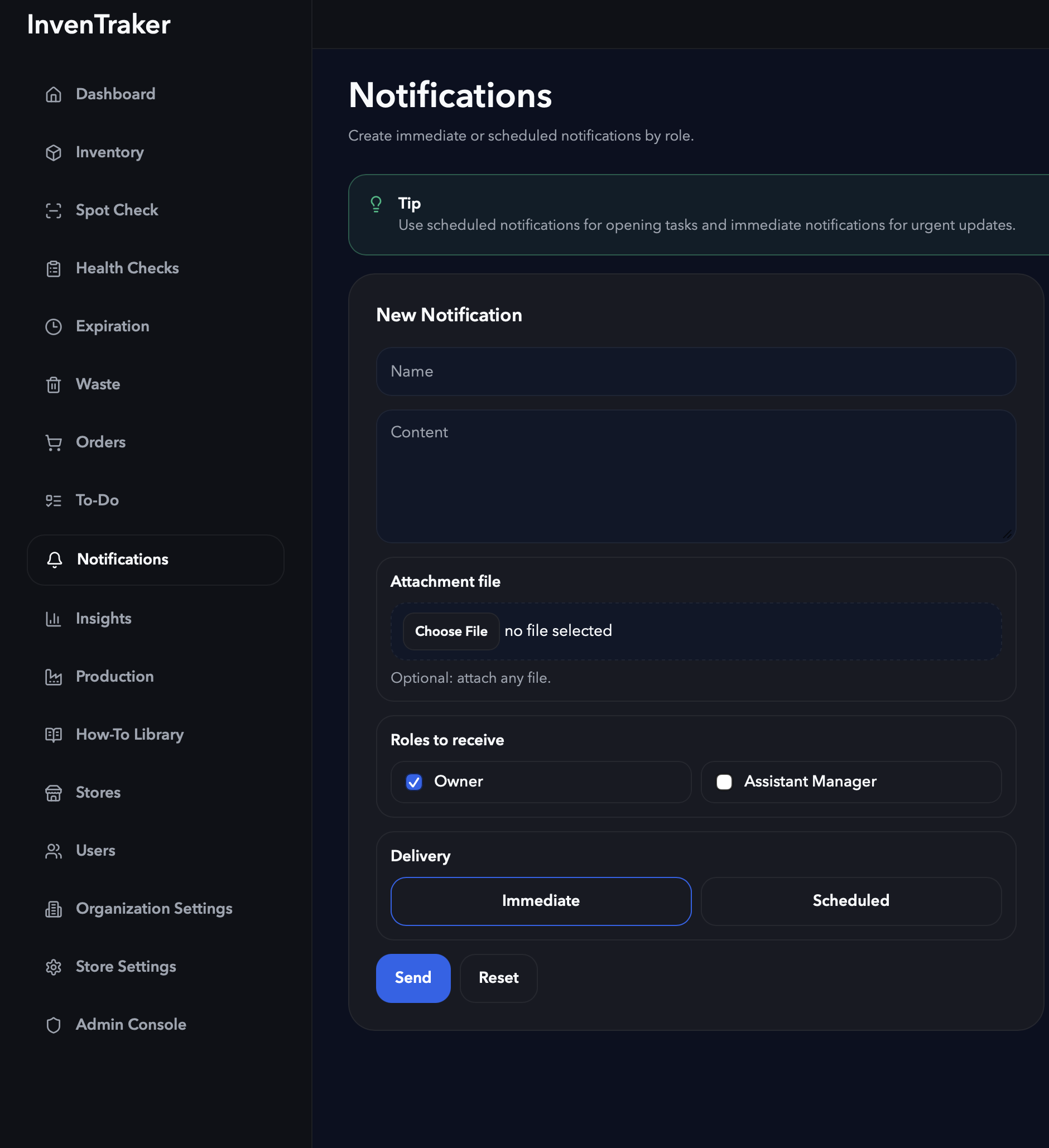 Notifications composer screen