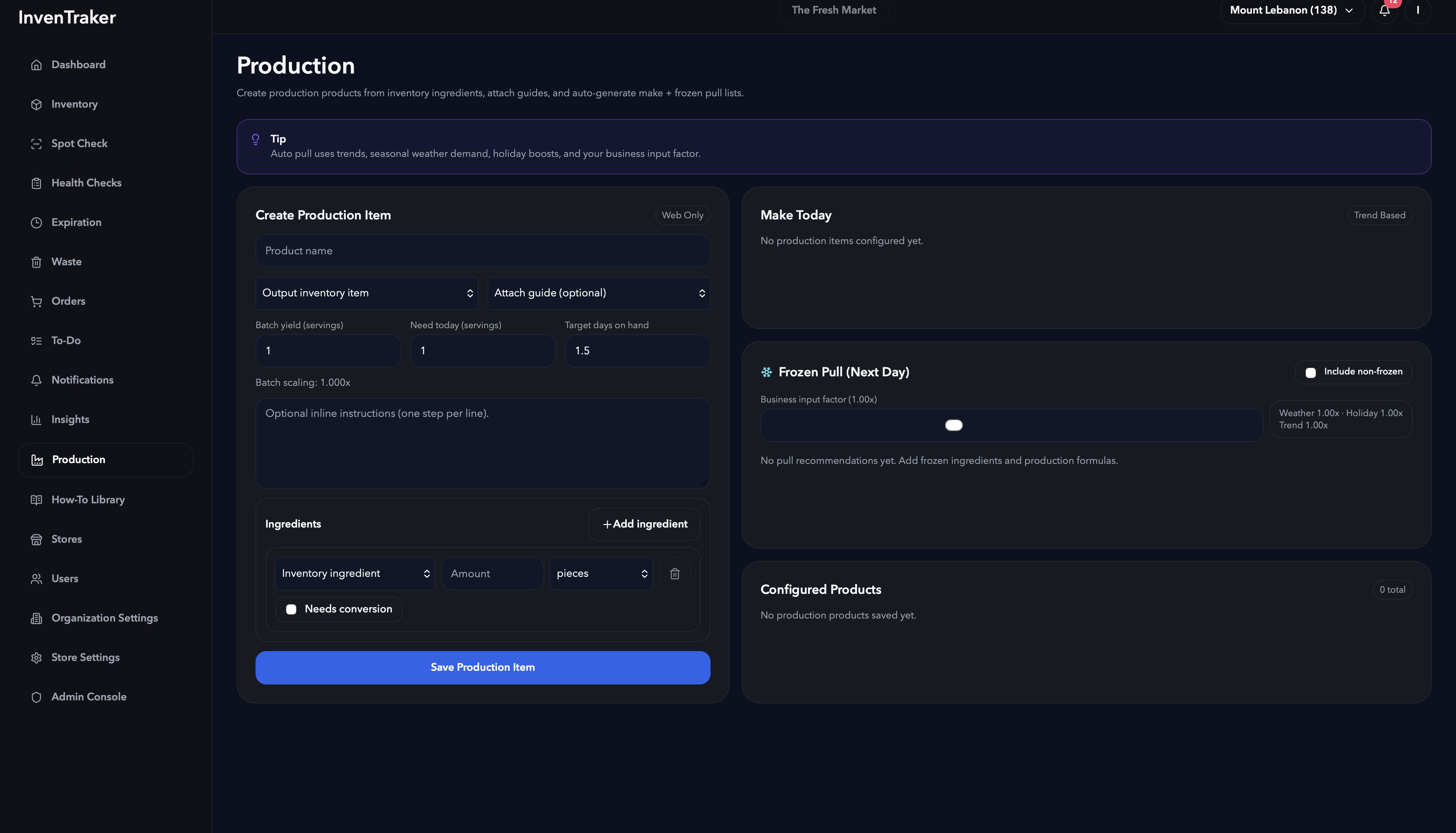 Production setup and recommendation screen