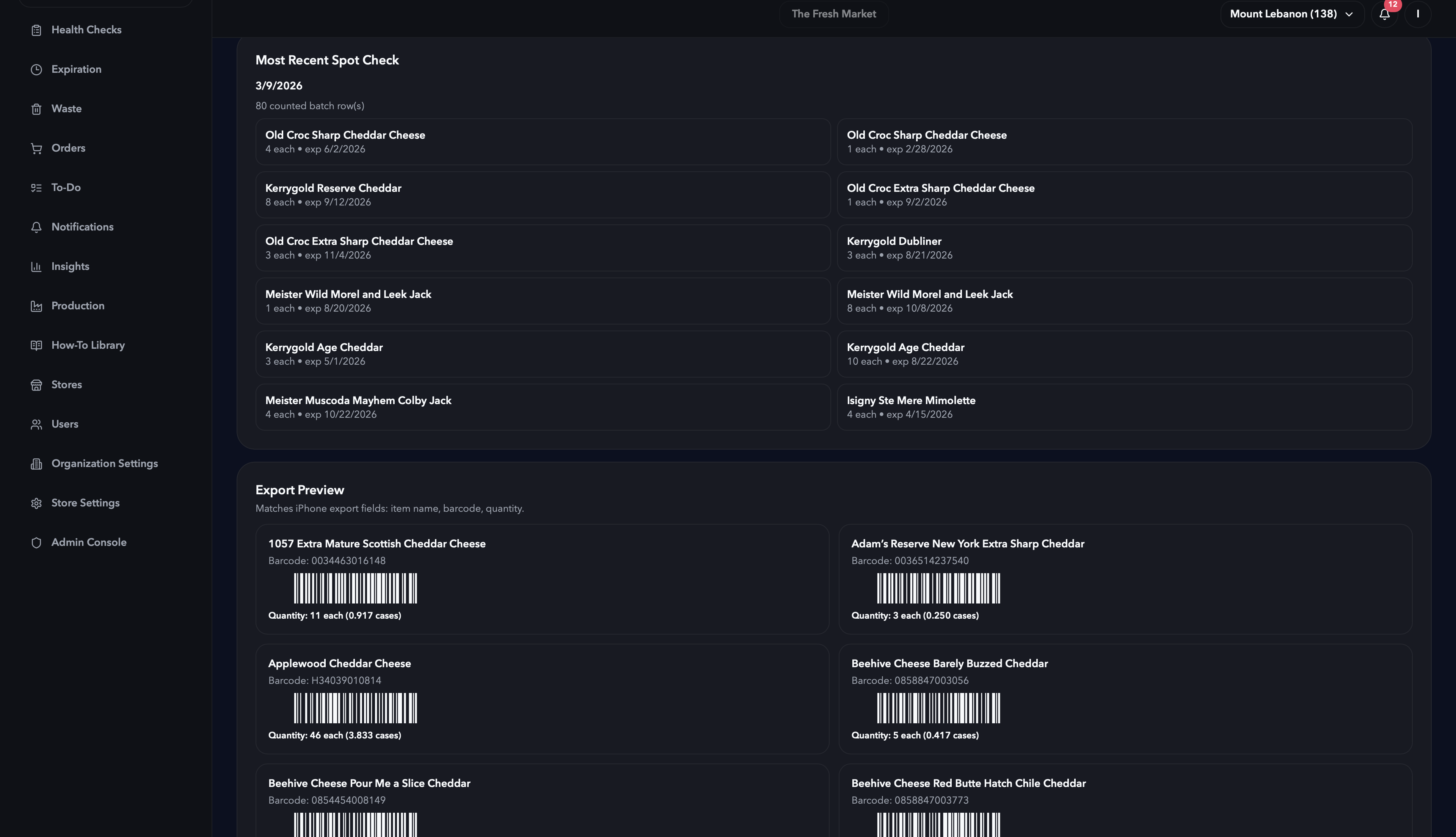 Spot check history and export preview screen