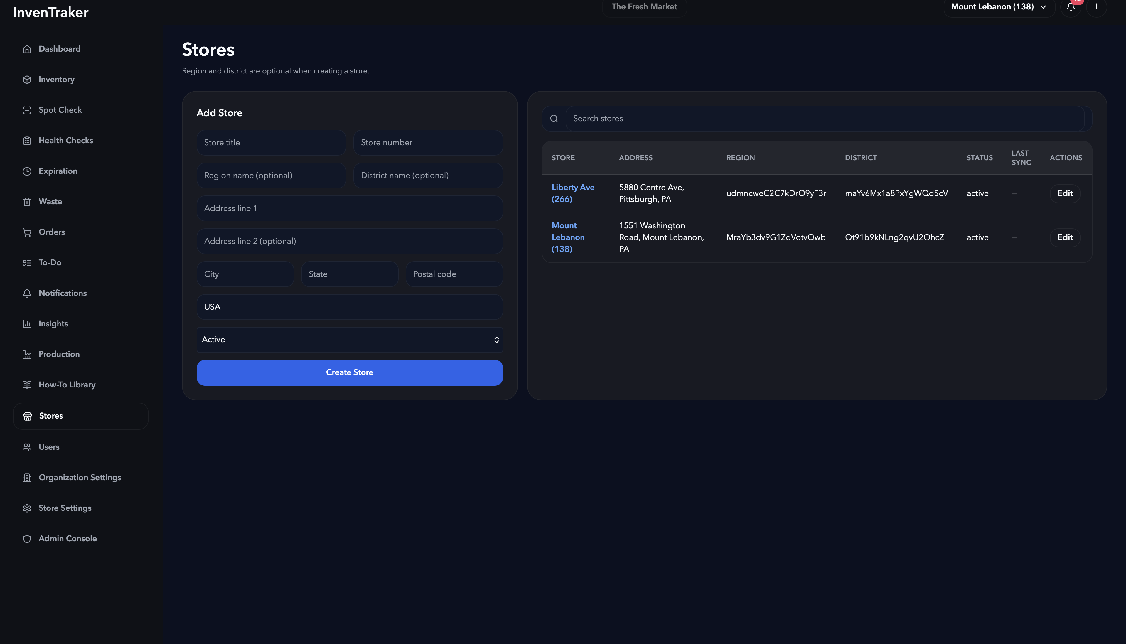 Stores management screen